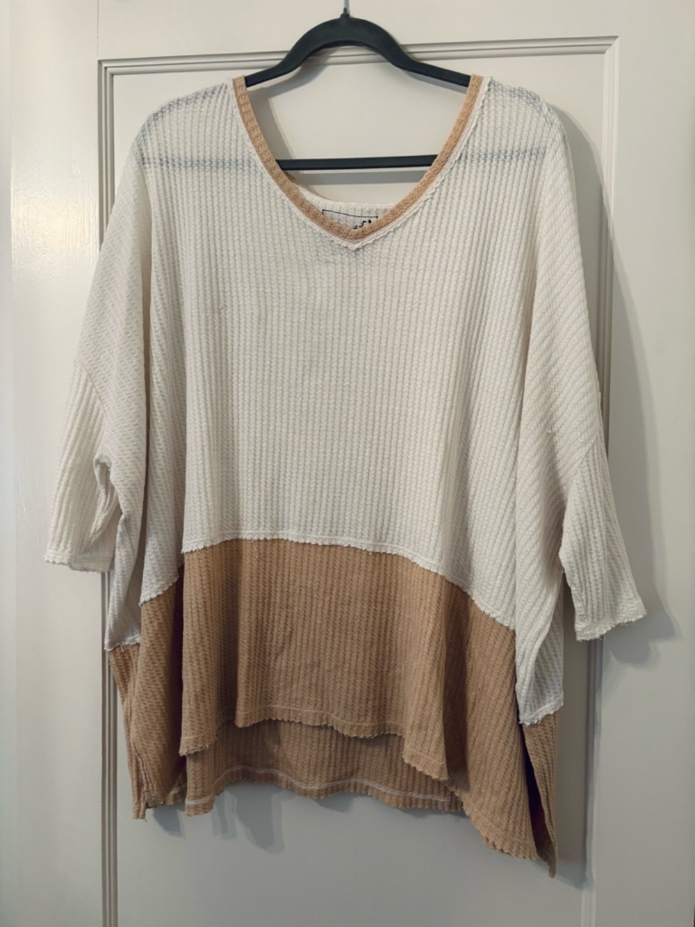 Free People Two-Tone Ivory and Tan Waffle Knit Short Sleeve Top